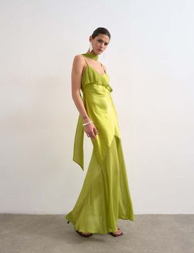 Maxi-Trägerkleid aus Materialmix in Grün mit Rüschendetail Grün 44