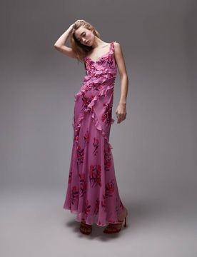 Maxi-Trägerkleid in Rosa mit Rüschen und Blumenmuster Rosa 42