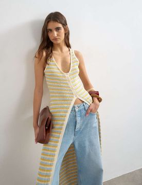 Mehrfarbige Longline-Strickjacke mit Falten Mehrfarbig XS