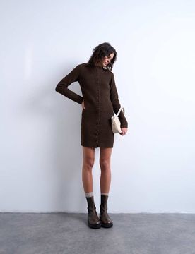 Mini-Strickkleid in Schokobraun mit Rundhalsausschnitt und durchgehender Knopfleiste-Brown Brown L