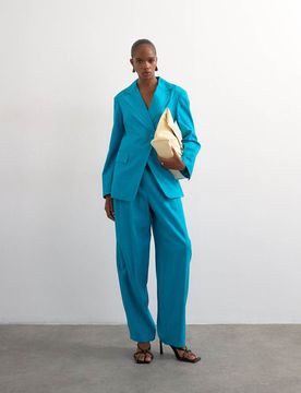 Pantalon d'ensemble ample et habillé en lin mélangé - Turquoise-Bleu 38