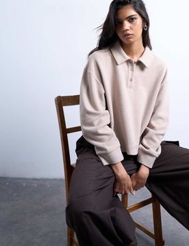 Polo manches longues coupe carrée doux au toucher - Taupe-Neutre M