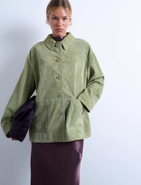 Premium - Kastige Jacke aus echtem Wildleder in Grün mit aufgenähter Tasche Grün L