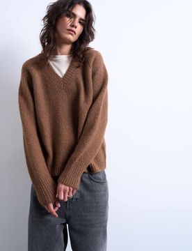 Pull à col V en laine mélangée - Marron-Brown M