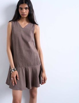 Robe courte en jean avec col V et à basques - Marron-Brown 42