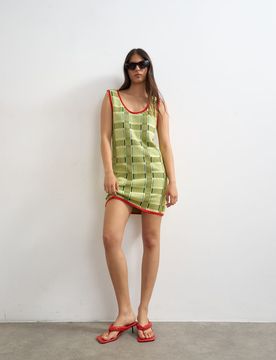 Robe courte sans manches en maille à carreaux - Vert XS