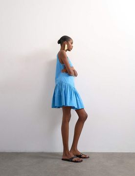 Robe d'été courte à enfiler en popeline à taille basse et encolure carrée - Bleu 44