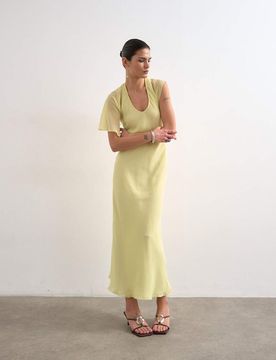 Robe longue asymétrique à manches évasées et surpiqûres - Citron-Jaune 38