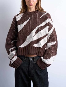 Strickpullover in Schokobraun mit abstraktem Muster-Brown Brown L