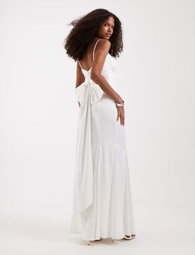 Robe de mariée longue en satin avec décolleté en caur, ourlet en mousseline et naud au dos - Ivoire-Blanc 40