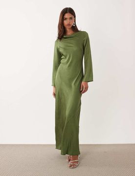 Robe longue en satin à manches longues évasées - Olive-rose 40
