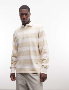 Sweat universitaire avec col façon polo de rugby - Blanc dune/taupe XL