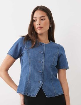 Top boutonné en denim à manches courtes - Bleu moyen délavé 40