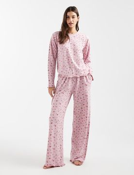 Ensemble de pyjama manches longues en coton mélangé avec imprimé à petites fleurs - Rose 36