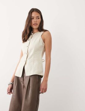 Gilet de tailleur ras de cou en jean - Écru-Blanc 44