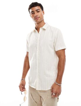 Kurzärmliges Hemd in Beige und Weiß gestreift-Neutral Neutral 2XL