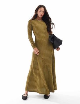 Langärmliges, geripptes Maxikleid in Olivgrün Grün 38
