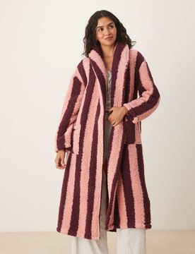 Robe de chambre longue à rayures - Bordeaux et rose L