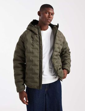 Strukturierter Puffermantel in Khaki mit Kapuze-Grün Grün 2XL