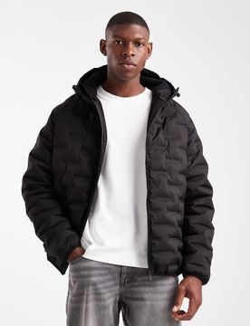 Strukturierter Puffermantel in Schwarz mit Kapuze Schwarz 2XL