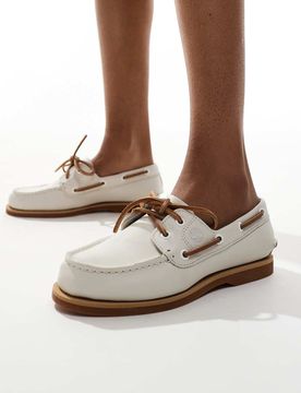 Chaussures bateau en cuir grainé pleine fleur - Naturel-Marron 37