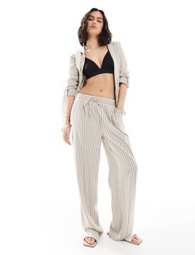 Mix and Match - Pantalon d'ensemble ample en aspect lin rayé - Crème-Neutre M