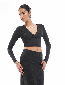Mix & Match - Top d'ensemble effet croisé à paillettes - Noir L