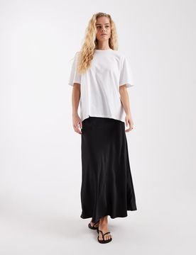 Asymmetrischer Midirock aus Satin in Schwarz Schwarz XL