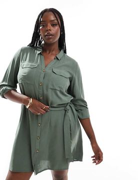 Curve - Mini-Hemdblusenkleid in Khaki-Grün Grün 54