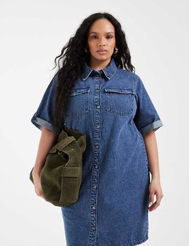 Robe courte boutonnée en jean à manches courtes - Bleu moyen délavé 50