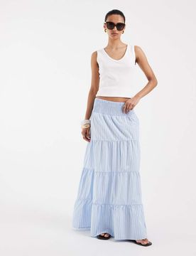 Gestufter Boho-Maxirock in Blau und Weiß gestreift mit gesmoktem Bund Blau L