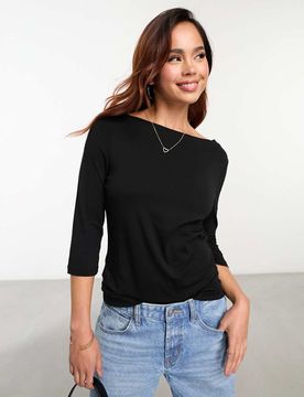 Jersey-Oberteil in Schwarz mit Dreiviertelärmeln Schwarz XS