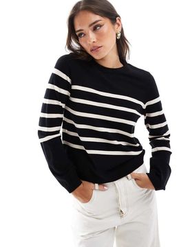 Pullover in Schwarz mit Rundhalsausschnitt und cremeweißen Streifen Schwarz XS