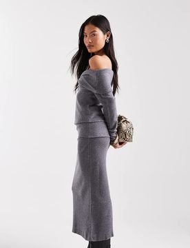 Jupe d'ensemble mi-longue en tissu doux à taille rabattue - Gris chiné-Brown M