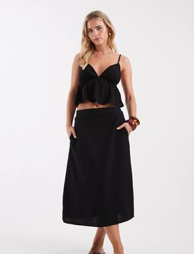 Petite - Midirock in Schwarz mit Leinenanteil, Kombiteil Schwarz 2XS