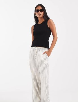 Pantalon ample aspect lin à rayures avec taille à cordon de serrage - Crème-Blanc 2XS