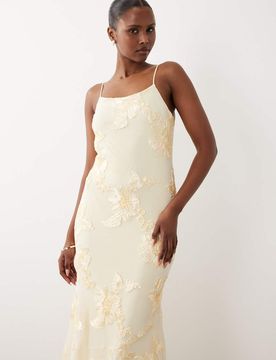Robe caraco longue avec broderies fleuries ton sur ton - Jaune doux XL