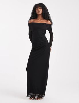 Robe en tulle à encolure Bardot et manches longues - Noir XS