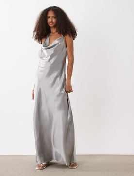 Robe longue dos nu en satin à encolure dégagée - Argenté XL