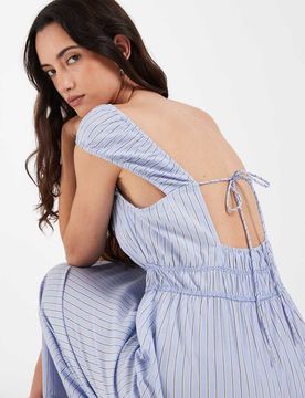Robe mi-longue sans manches tendance folk à rayures - Bleu XL