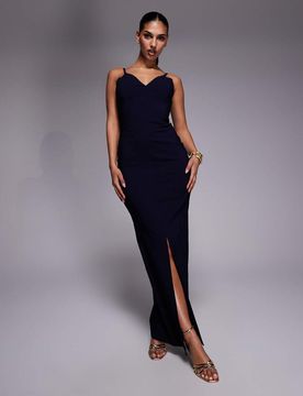 Robe longue à bretelles en bengaline avec col V et dos décolleté - Bleu marine 40