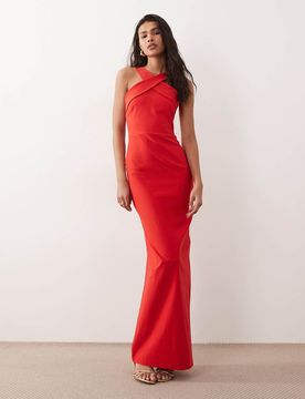 Robe longue en bengaline avec détail croisé sur l'avant - Rouge 40