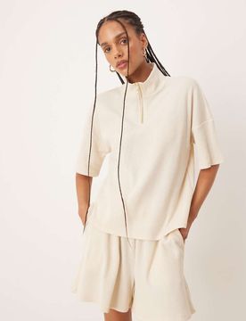 Top d'ensemble gaufré à col zippé avec fausse perle et coupe carrée - Crème bouleau-Blanc S