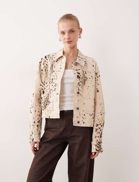 Bedruckte Jeansjacke in Creme-Bunt Bunt 40