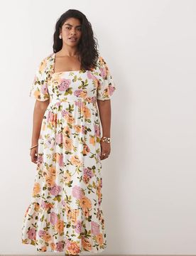 Robe mi-longue à fleurs avec encolure carrée et manches bouffantes-Blanc 50