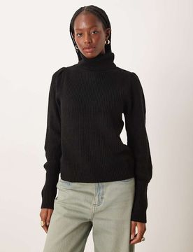 Hochgeschlossener Strickpullover in Schwarz mit Ärmeldetails Schwarz 2XL