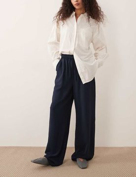 Hose in Marineblau mit weitem Bein und hoher Taille Marineblau 40