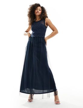 L'invitée - Robe longue en dentelle et tulle - Bleu marine 44