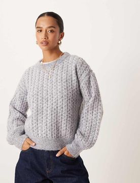 Pull en maille à coutures diagonales - Gris moyen chiné 34