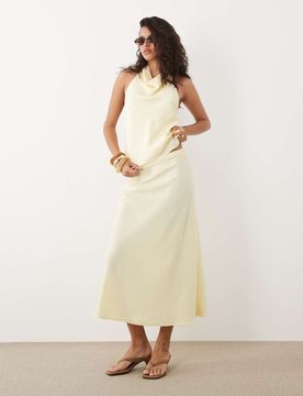 Jupe d'ensemble mi-longue en satin - Jaune pastel XS